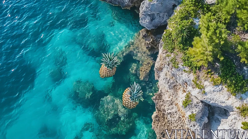 Surreal Pineapples Floating in Crystal-Clear Sea AI Image