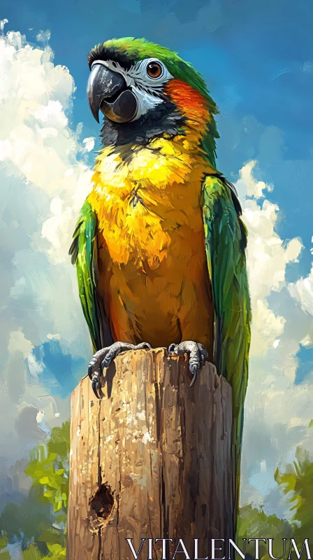 AI ART Vivid Parrot Art on Wooden Stump