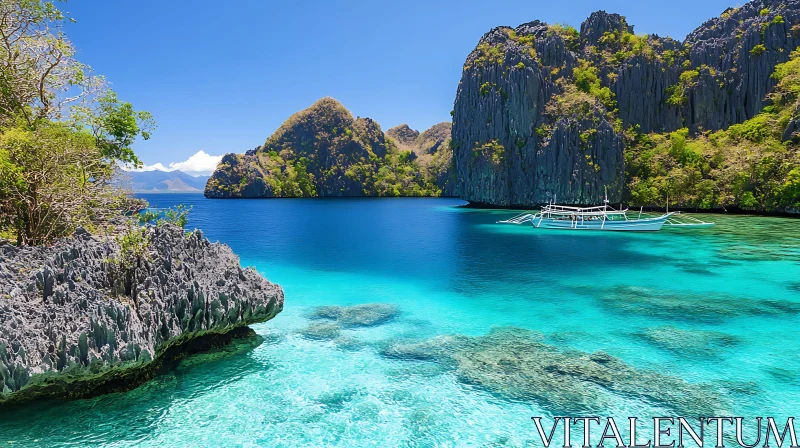 Tranquil Island Scene with Cliffs and Boat AI Image