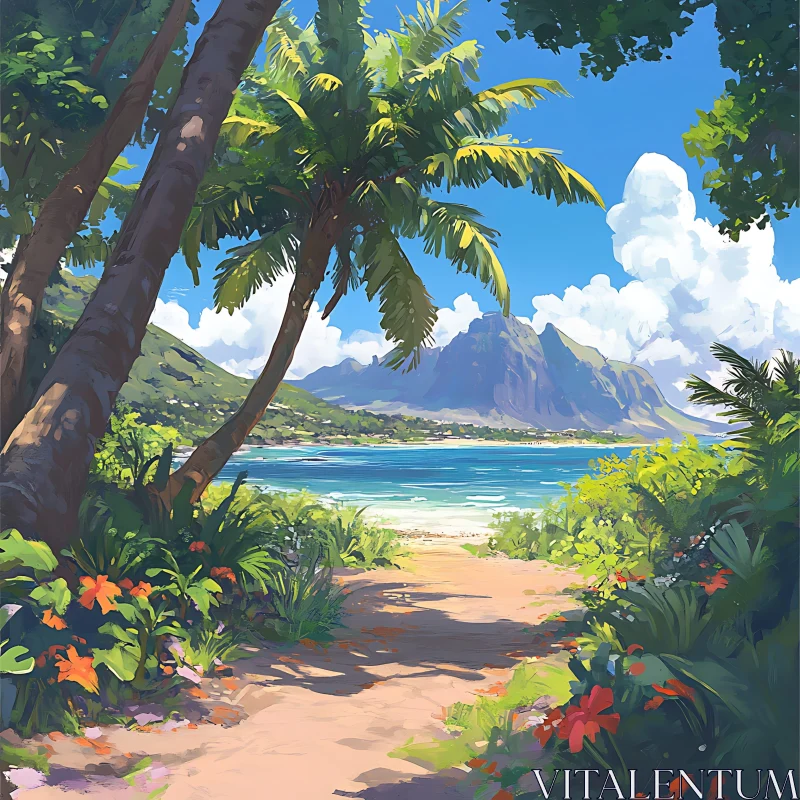 Idyllic Tropical Beach with Mountains and Greenery AI Image