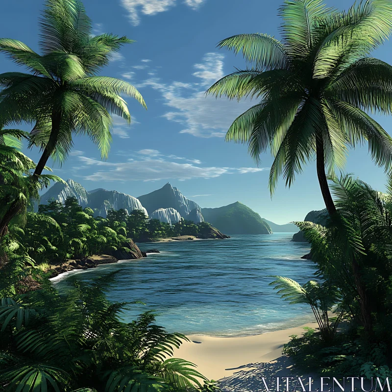 Tropical Paradise with Palm Trees and Ocean AI Image