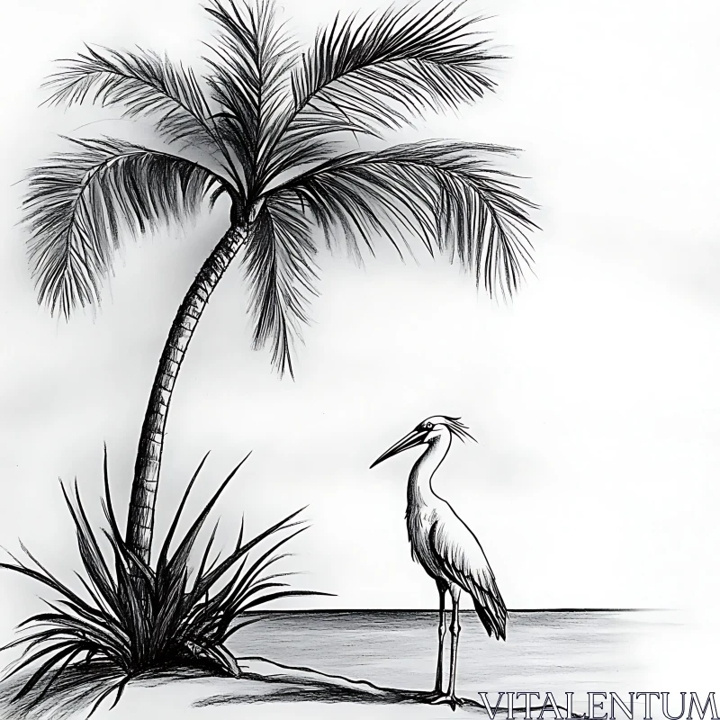 Palm Tree and Heron Beach Sketch AI Image