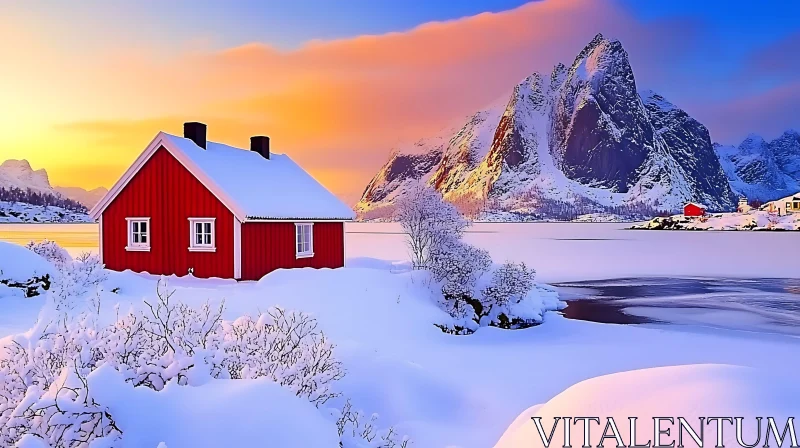 Tranquil Winter Landscape with Red Cabin AI Image