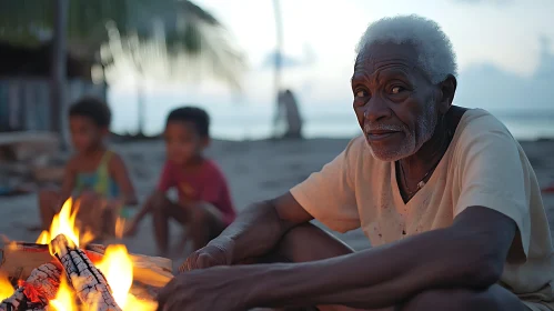 A Serene Evening by the Fire on the Beach