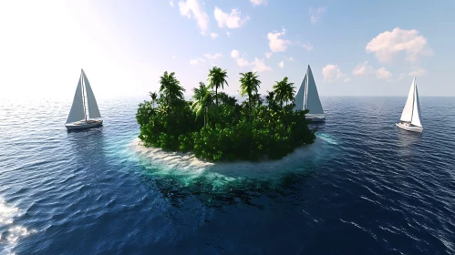 Tropical Island Paradise with Sailboats