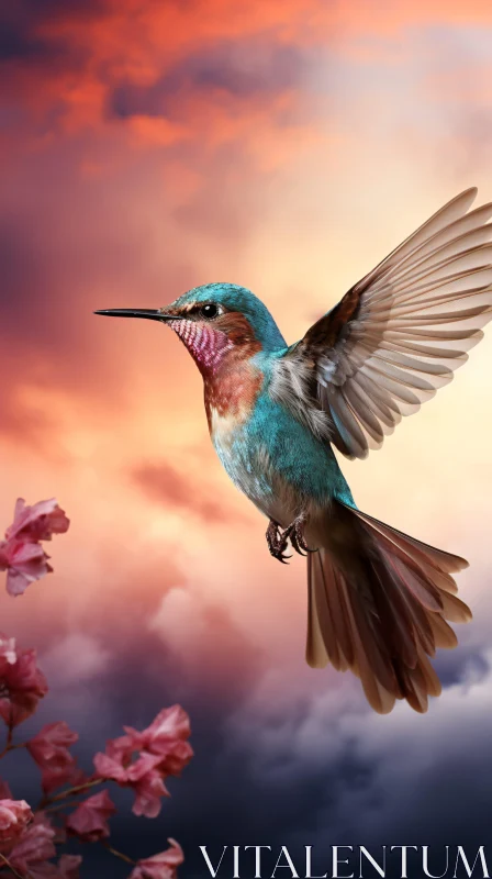 AI ART Colorful Hummingbird and Blossoms in Twilight