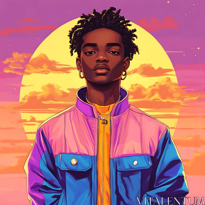 Young Man in Colorful Jacket at Sunset AI Image