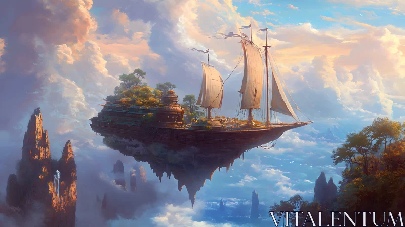 Fantasy Scene of Floating Island and Ship AI Image