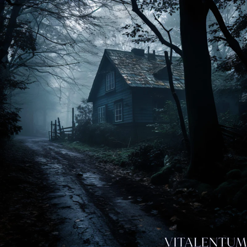 Haunted Woodland Cabin in Mist AI Image