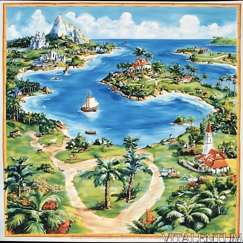 Scenic Tropical Island with Villages and Boats AI Image