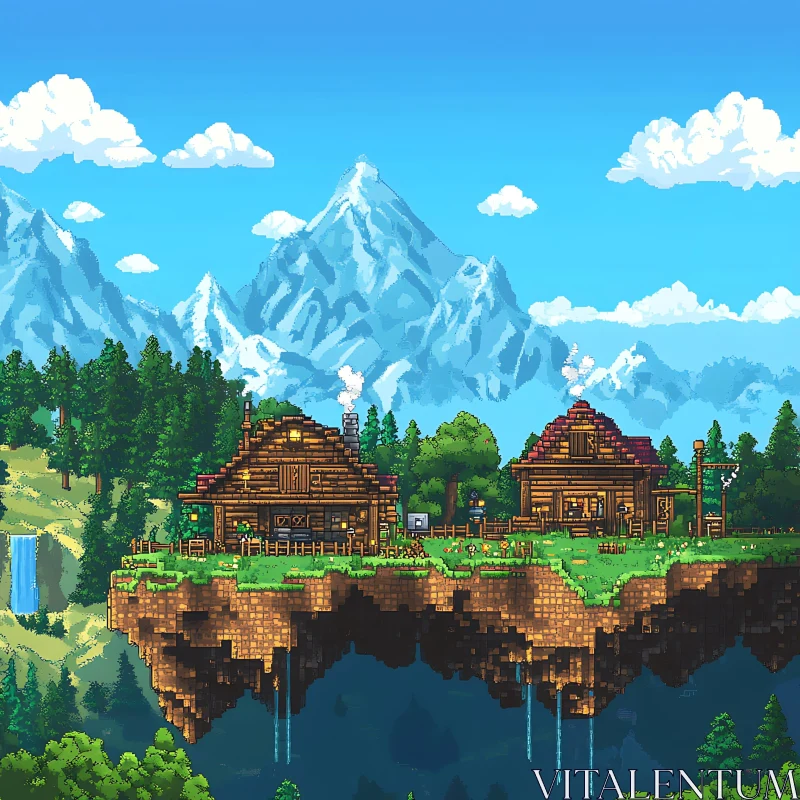 Fantastical Pixel Art Landscape with Floating Island and Mountains AI Image