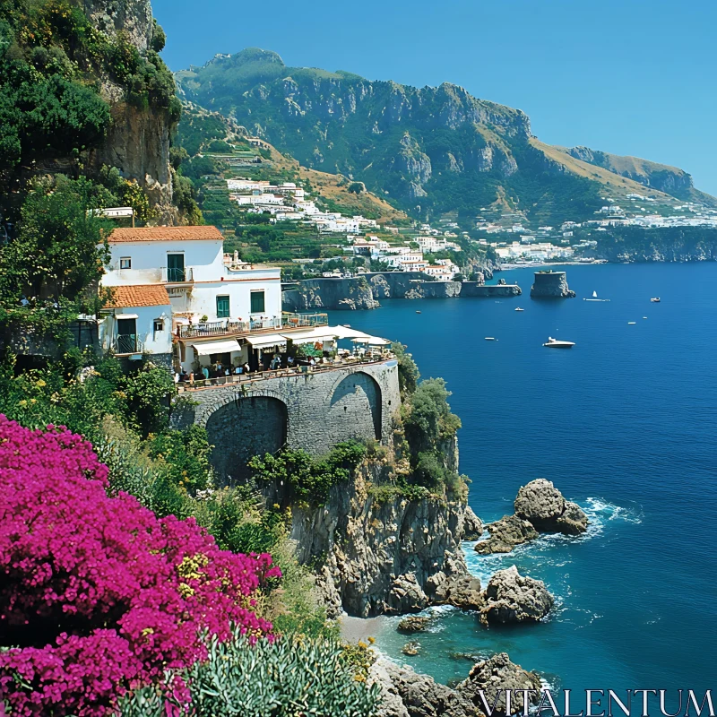 Mediterranean Coastal Scene with Cliffside Architecture AI Image