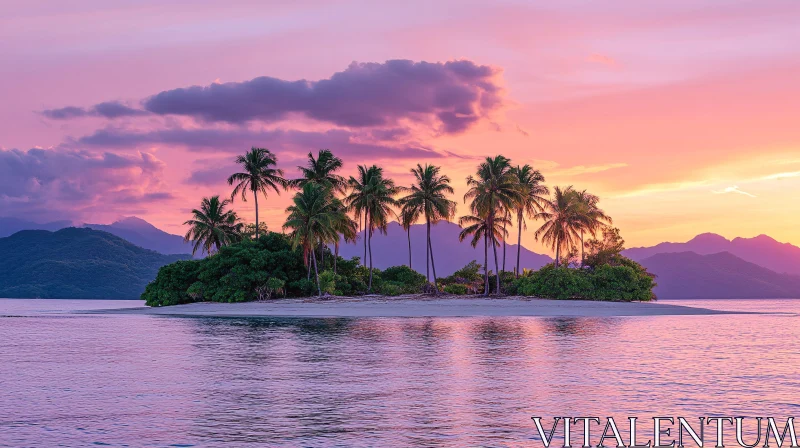 AI ART Tranquil Sunset on a Palm-tree Lined Island