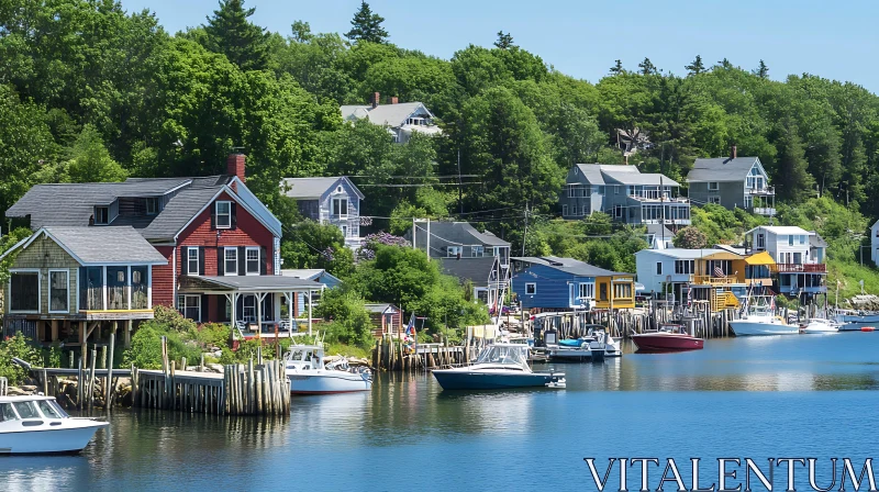 Picturesque Coastal Houses and Boats AI Image