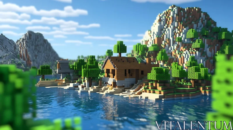 Peaceful Minecraft-Style Lakeside Setting AI Image