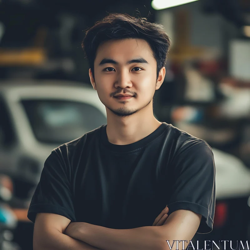 Young Mechanic Standing in Automotive Workshop AI Image