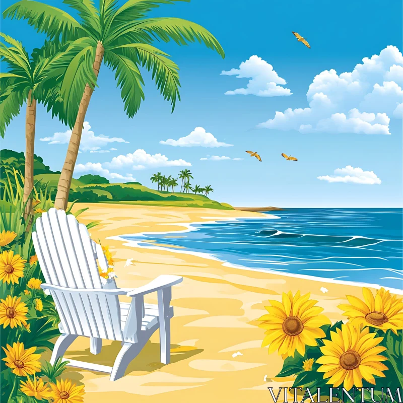 Peaceful Oceanfront with Flowers and Chair AI Image