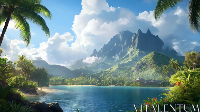 Tropical Island Paradise with Mountains and Palm Trees AI Image