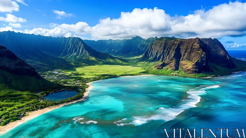 Tropical Island Aerial Landscape with Mountains and Ocean AI Image