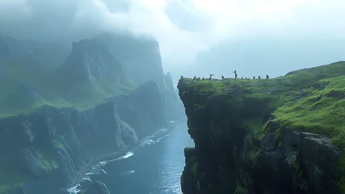 Scenic View of Misty Green Cliffs and Ocean