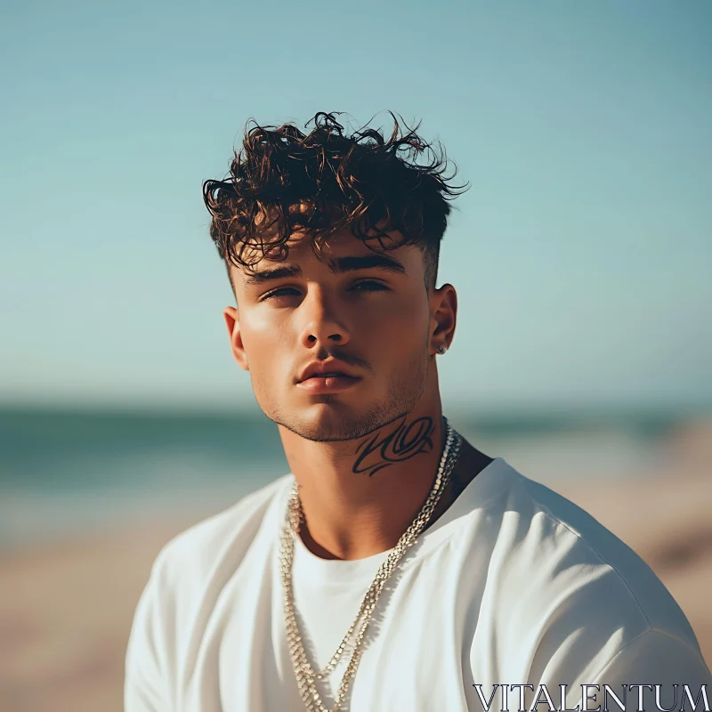 Curly-Haired Young Man with Tattoo at the Beach AI Image