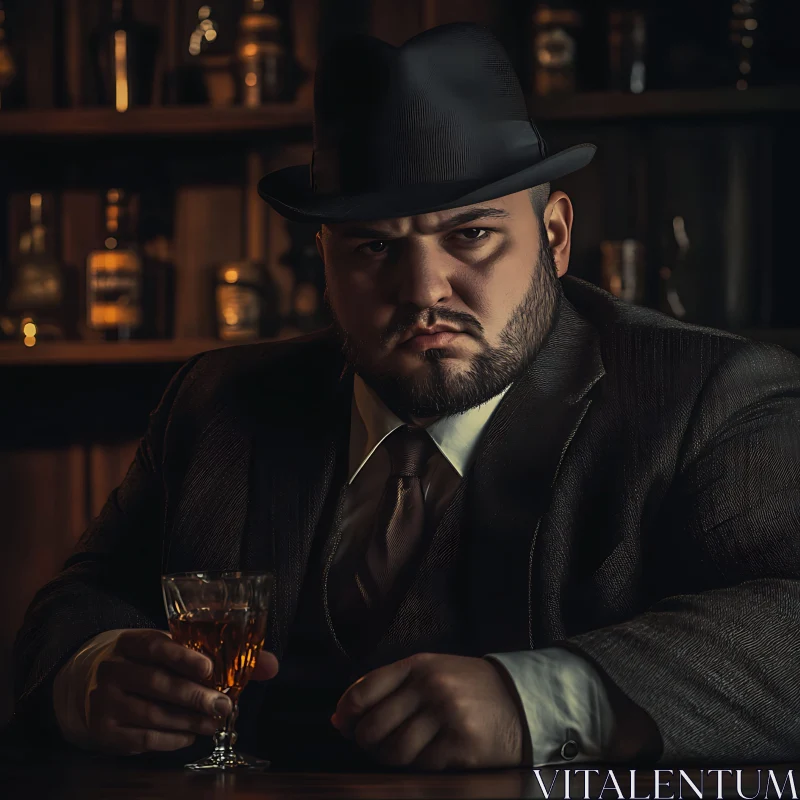 AI ART Classic Man Portrait with Whiskey in a Dimly Lit Bar