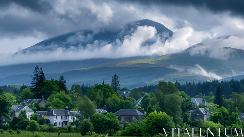 AI ART Village Amidst Mountains and Clouds