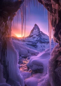 Enchanted Mountain View Through Icicles