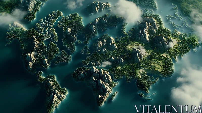 Natural World Map with Mountains, Forests, and Clouds AI Image