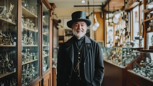 Man in Vintage Clothing in Collectors' Shop