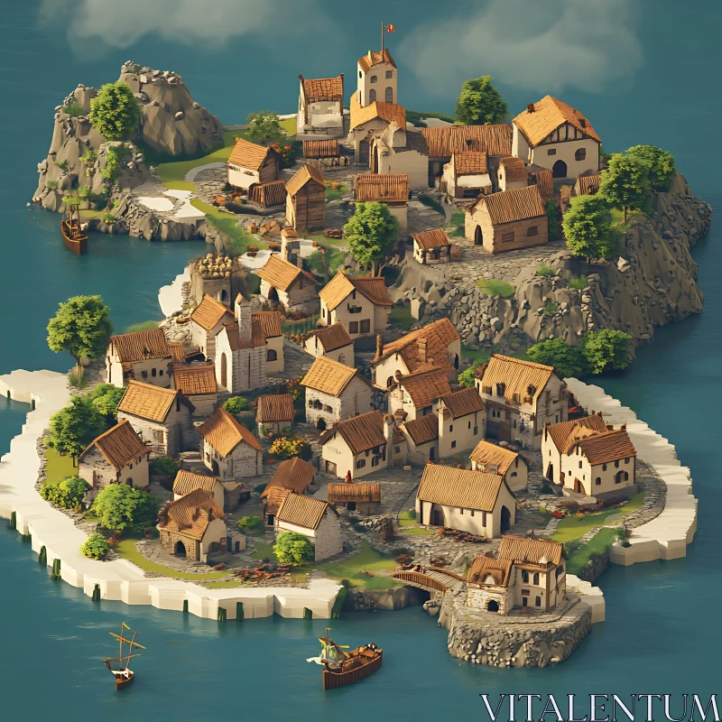 Scenic Coastal Medieval Village on an Island AI Image