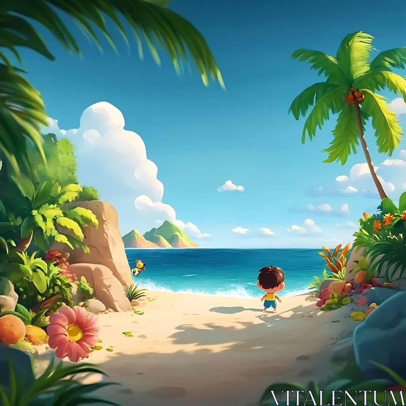 Serene Beach Scene with Child on Tropical Island AI Image