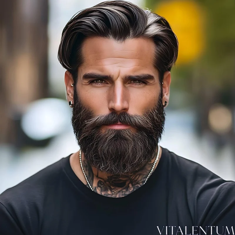 Fashionable Portrait of a Bearded Man with Tattoos AI Image