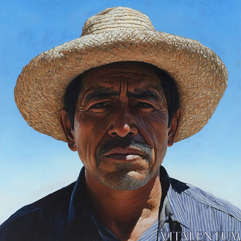 Weathered Elder Man in Straw Hat Under Blue Sky AI Image