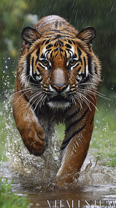 Majestic Tiger in Motion Through Rain AI Image