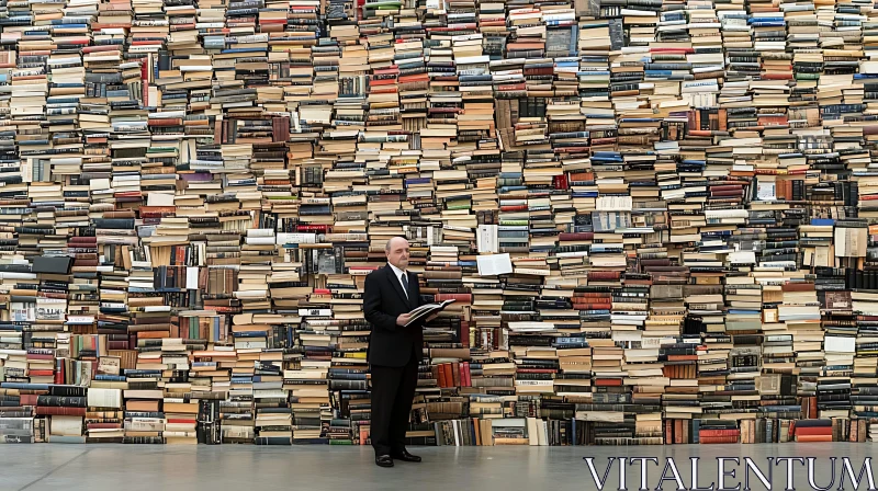 Wall of Books with a Man Reading AI Image