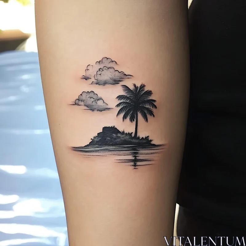 AI ART Black and Grey Island Scene Tattoo