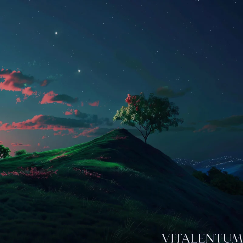 AI ART Starlit Hill and Tree Under Night Sky