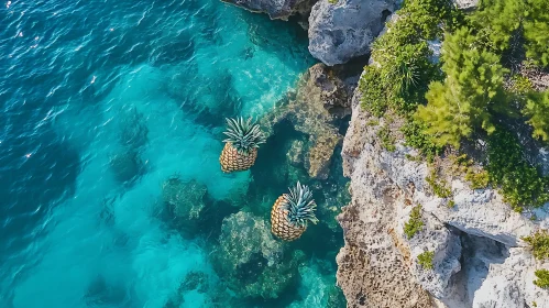 Surreal Pineapples Floating in Crystal-Clear Sea