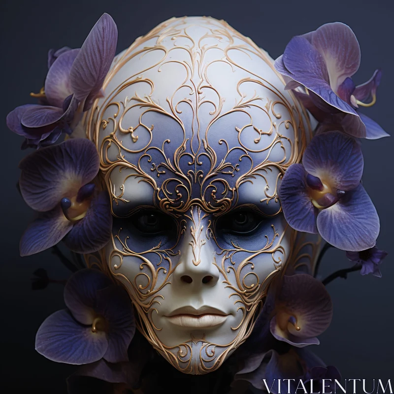 AI ART Intricate Golden Swirl Mask with Purple Flowers