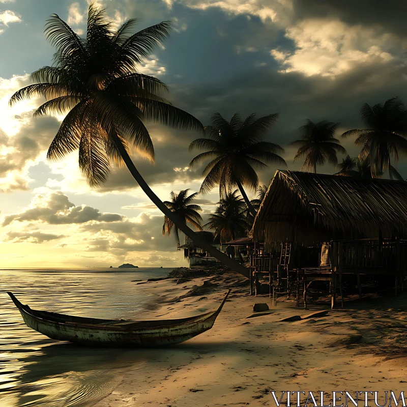 Sunset Over Island with Wooden Boat and Palm Trees AI Image