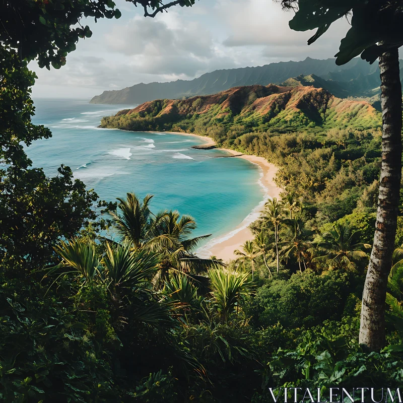 Scenic Tropical Beach with Vibrant Foliage and Mountains AI Image