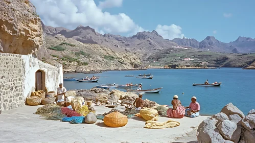 Tranquil Seaside Preparation with Fishing Nets