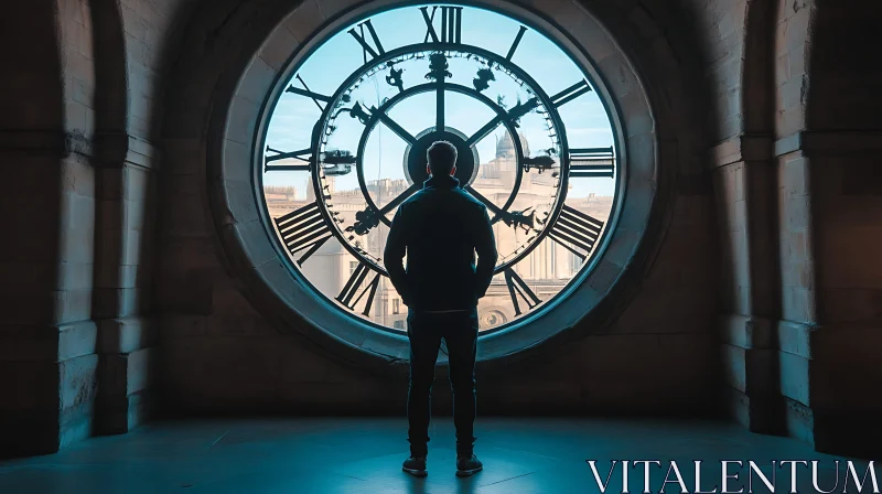 Silhouette of Man by Large Roman Numeral Clock AI Image