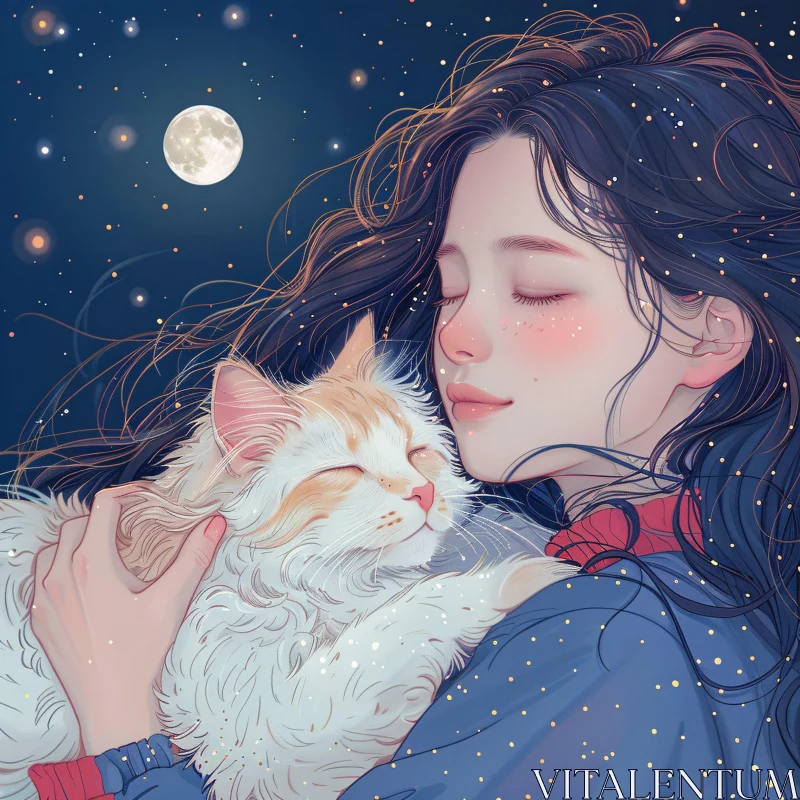 AI ART Serene Night with Girl and Cat