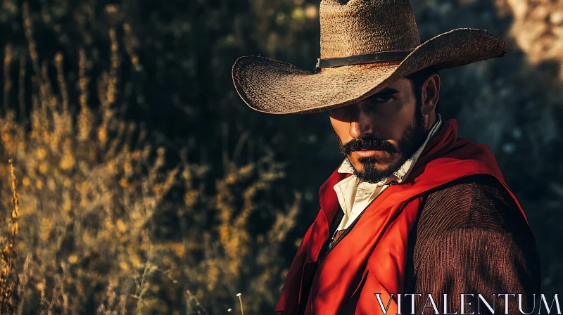 Intense Cowboy Portrait in Warm Sunlight AI Image