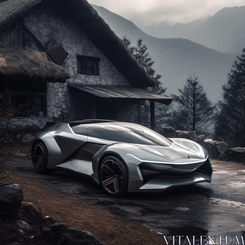 AI ART Modern Car Meets Rustic Charm in Mountainous Forest Setting