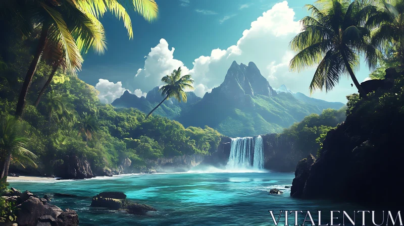 Exotic Tropical Paradise with Lagoon and Waterfall AI Image