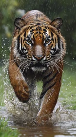 Majestic Tiger in Motion Through Rain