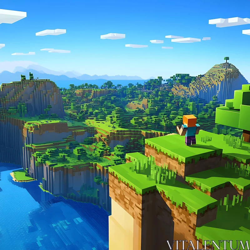 Blocky Character on Grassy Cliff AI Image